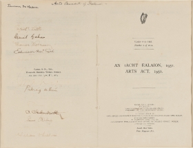 A copy of the first Arts Act,1951 signed by members of the Arts Council, the Taoiseach, Éamon de Valera, and Leader of the Opposition, John A Costello.